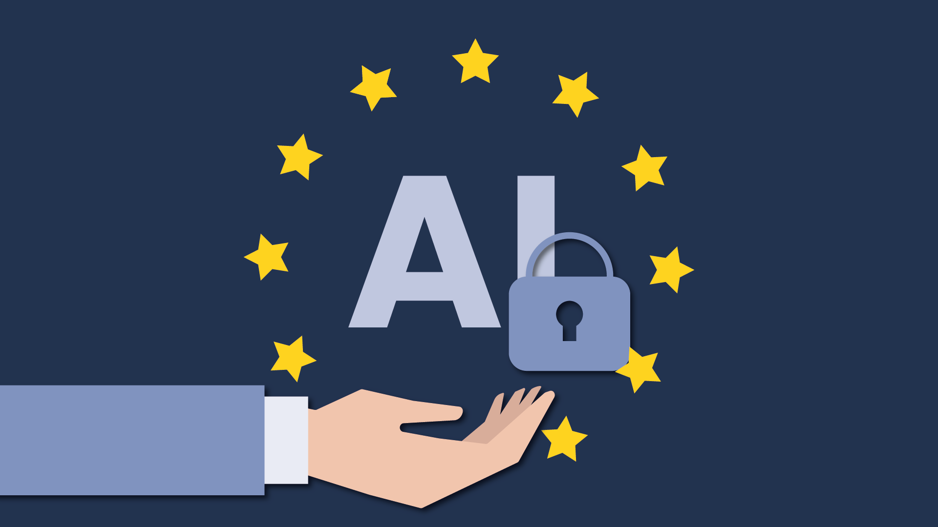 a hand presenting the new EU AI Act with a lock and a circle of stars representing the EU